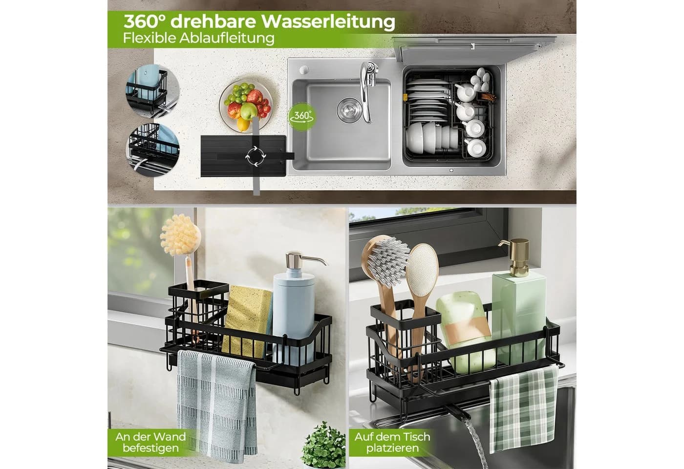 PFCTART Küchenorganizer-Set Küchen-Spülbecken-Organizer Metall Abtropfsystem Schwarz - Bild 3