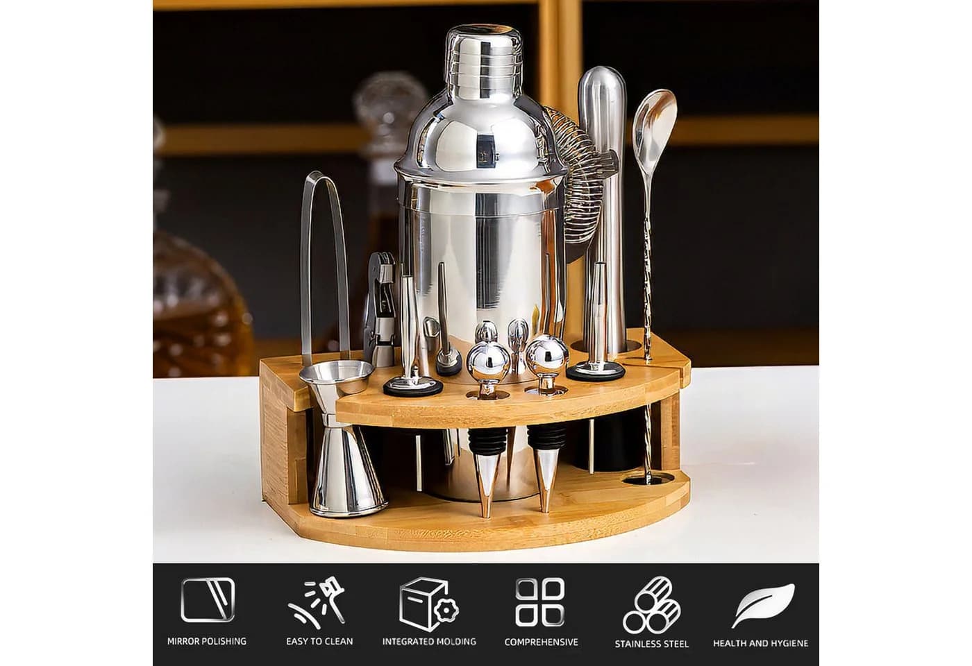 PFCTART Cocktail-Set 12-tlg. mit Bambusständer & 750ml Edelstahl-Shaker