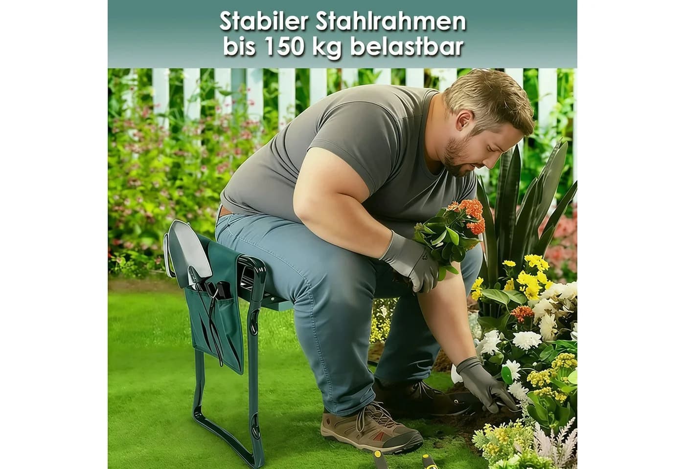 PFCTART Klappbare Gartenkniebank mit EVA-Polster und Werkzeugtaschen - Bild 4