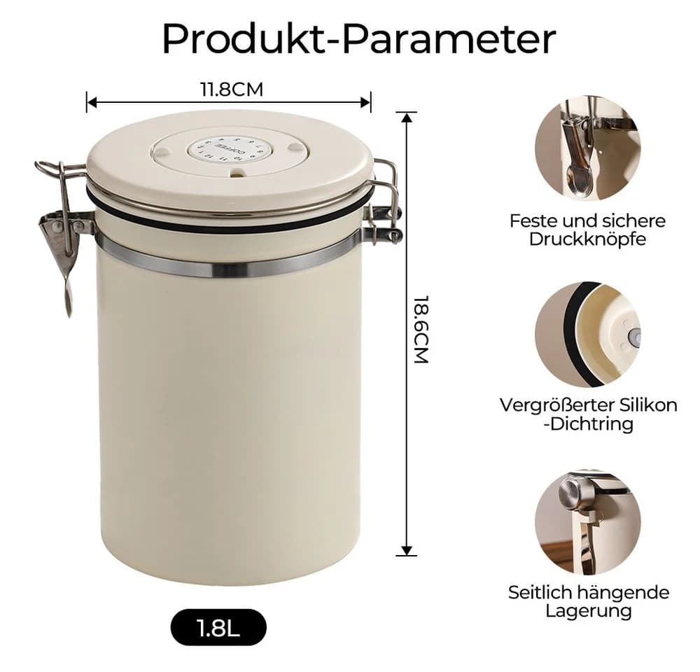 GLIESE POWER Kaffeedose 1,8L luftdicht Edelstahl mit Ventil