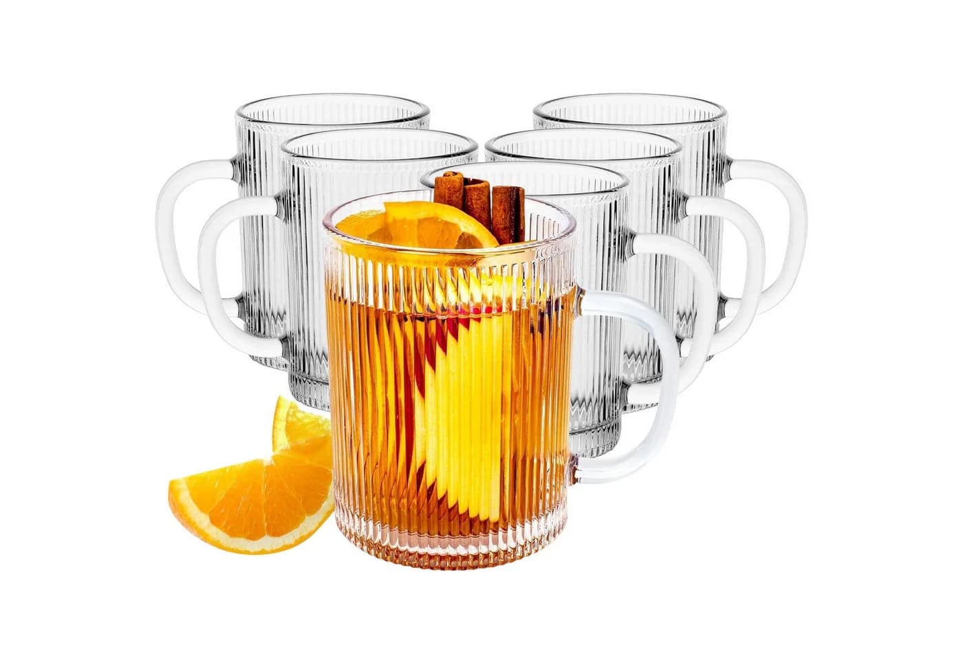 KONZEPT Kaffeegläser Set 6-tlg. 350ml Geriffelt mit Henkel Transparent - Bild 2
