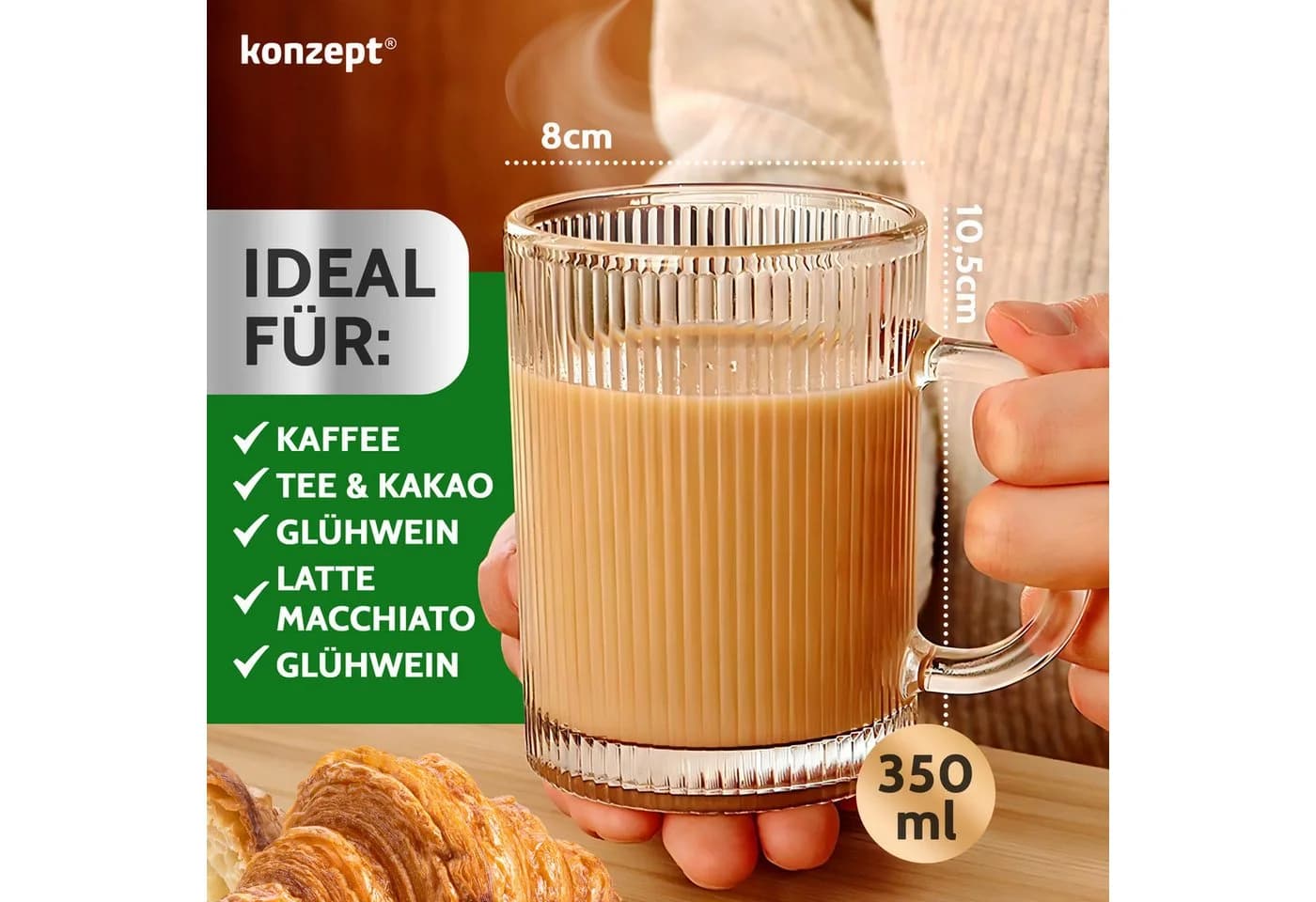 KONZEPT Kaffeegläser Set 6-tlg. 350ml Geriffelt mit Henkel Transparent - Bild 4