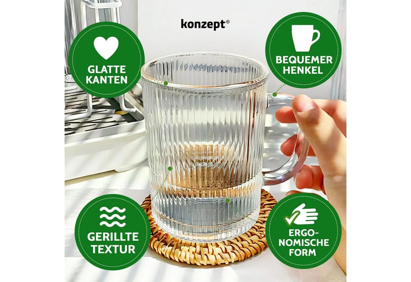 KONZEPT Kaffeegläser Set 6-tlg. 350ml Geriffelt mit Henkel Transparent - Bild 5