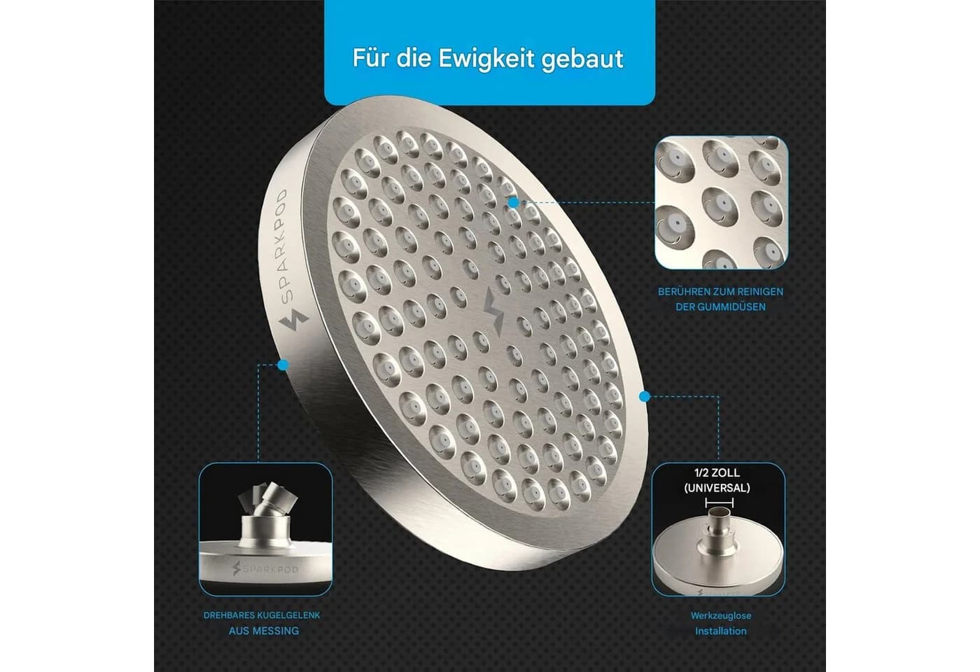 sparkpod Regenduschkopf Luxus XL Hochdruck Duschkopf mit 90 Anti-Kalk-Düsen - Bild 3