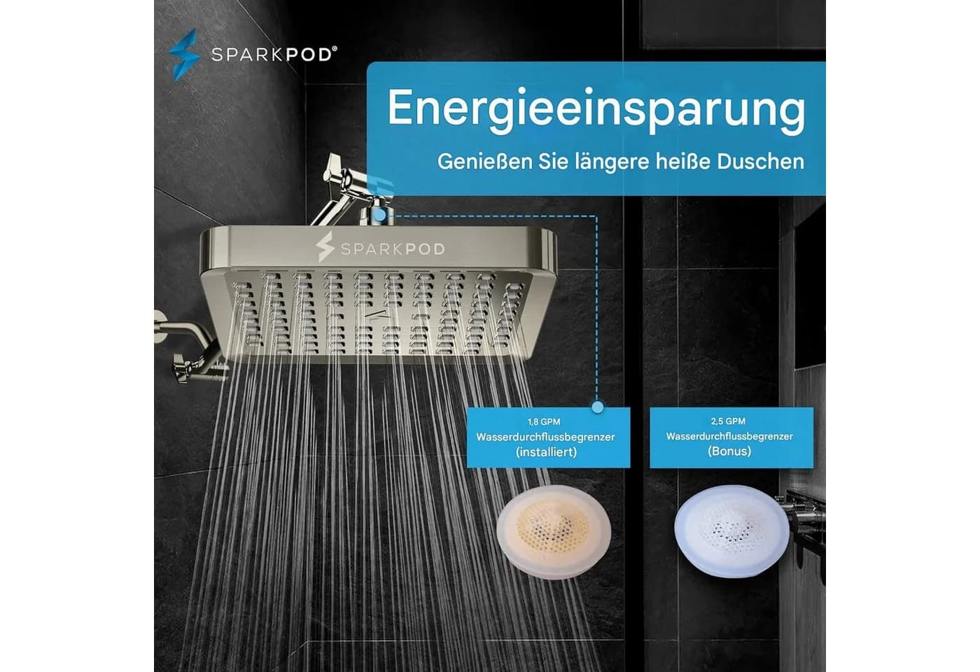 SparkPod Regenduschkopf XXL Hochdruck Gebürstetes Nickel 90 Silikondüsen