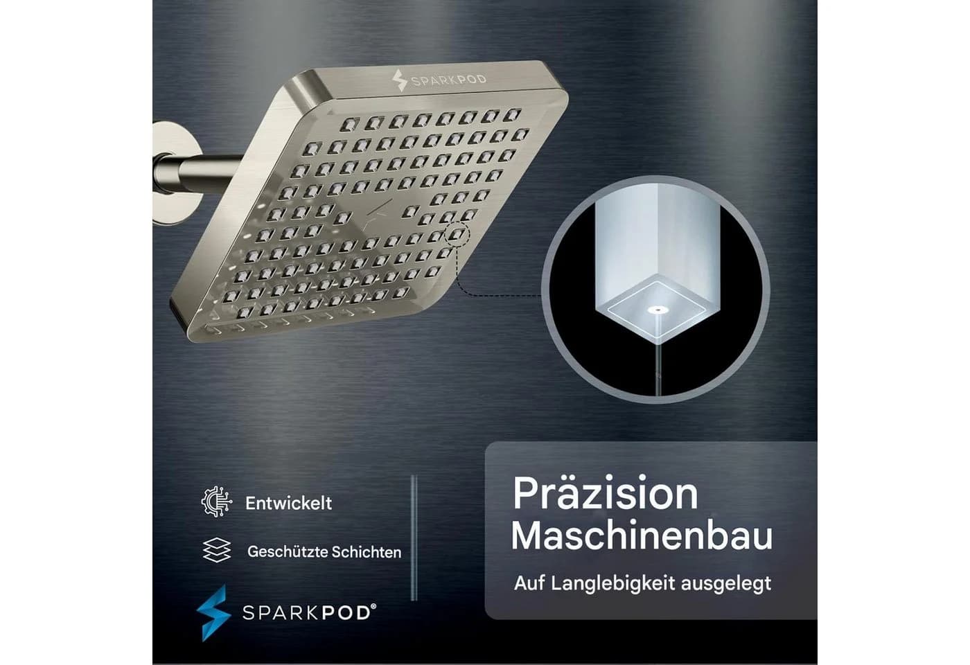 SparkPod Regenduschkopf XXL Hochdruck Gebürstetes Nickel 90 Silikondüsen - Bild 5