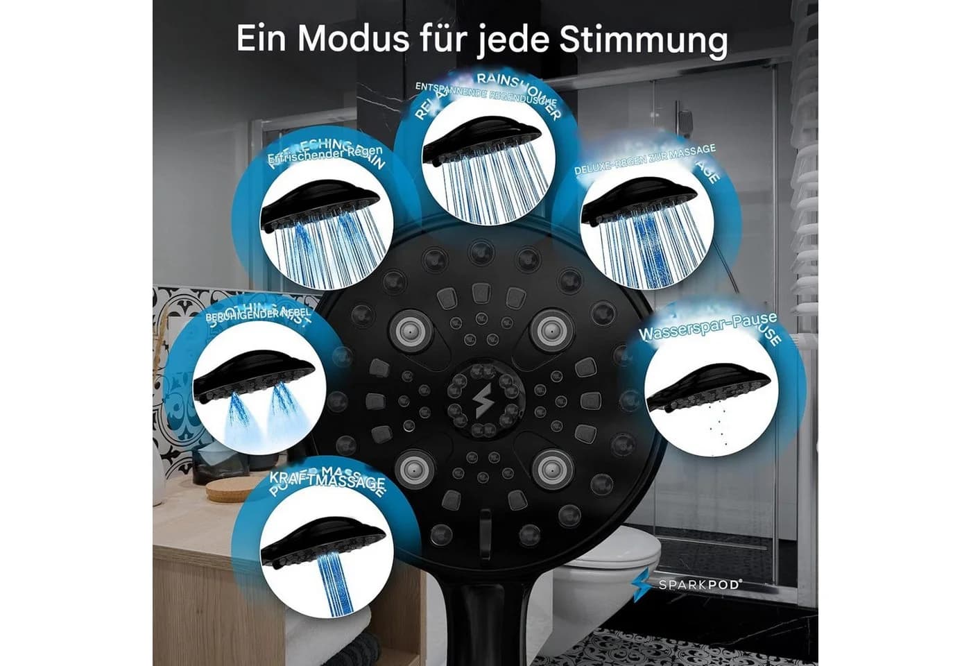 SparkPod Handbrause XXL Duschbrause 6 Strahlarten