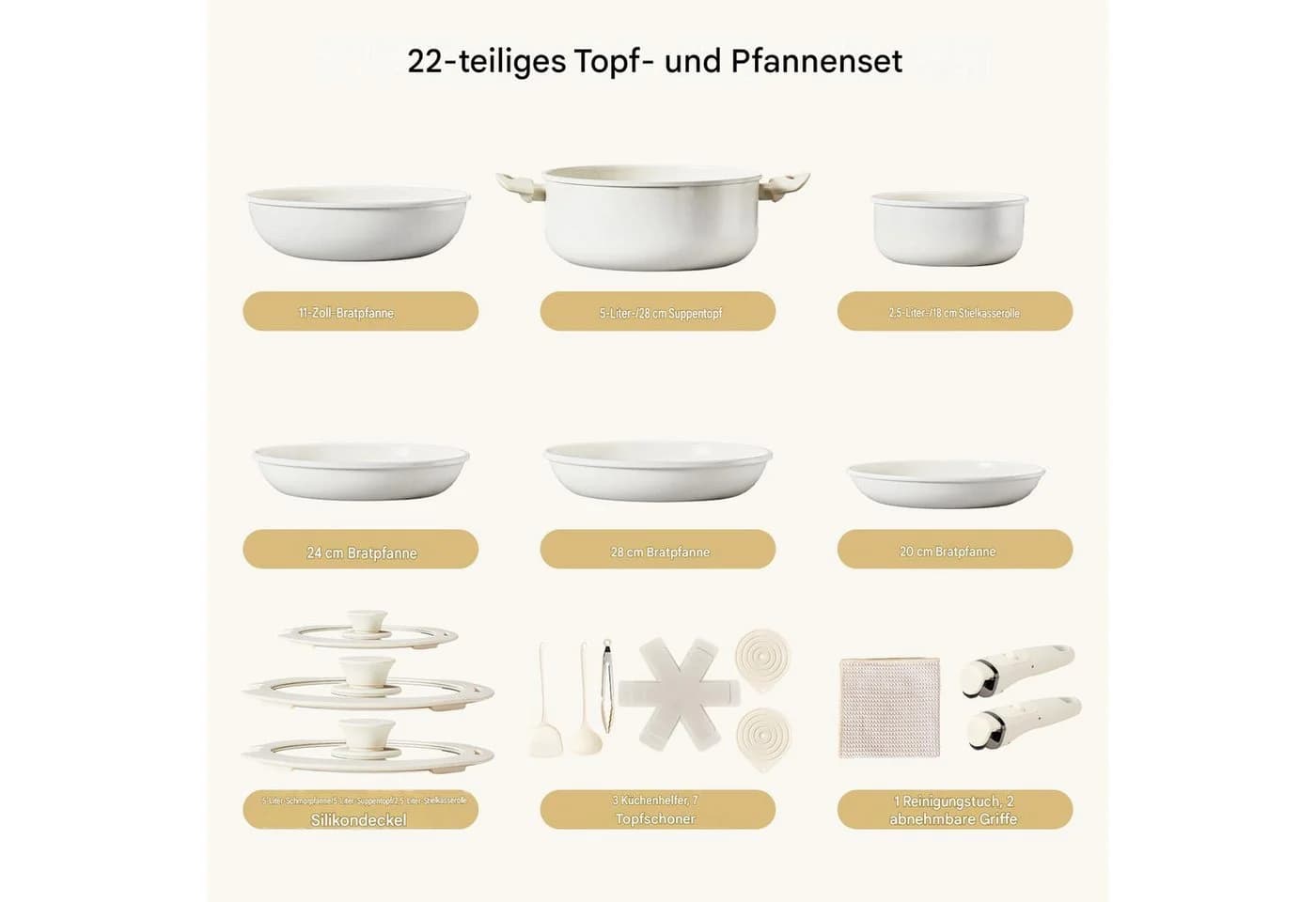 LALAHO Topf-Set 22-tlg. mit abnehmbaren Griffen & Keramikbeschichtung
