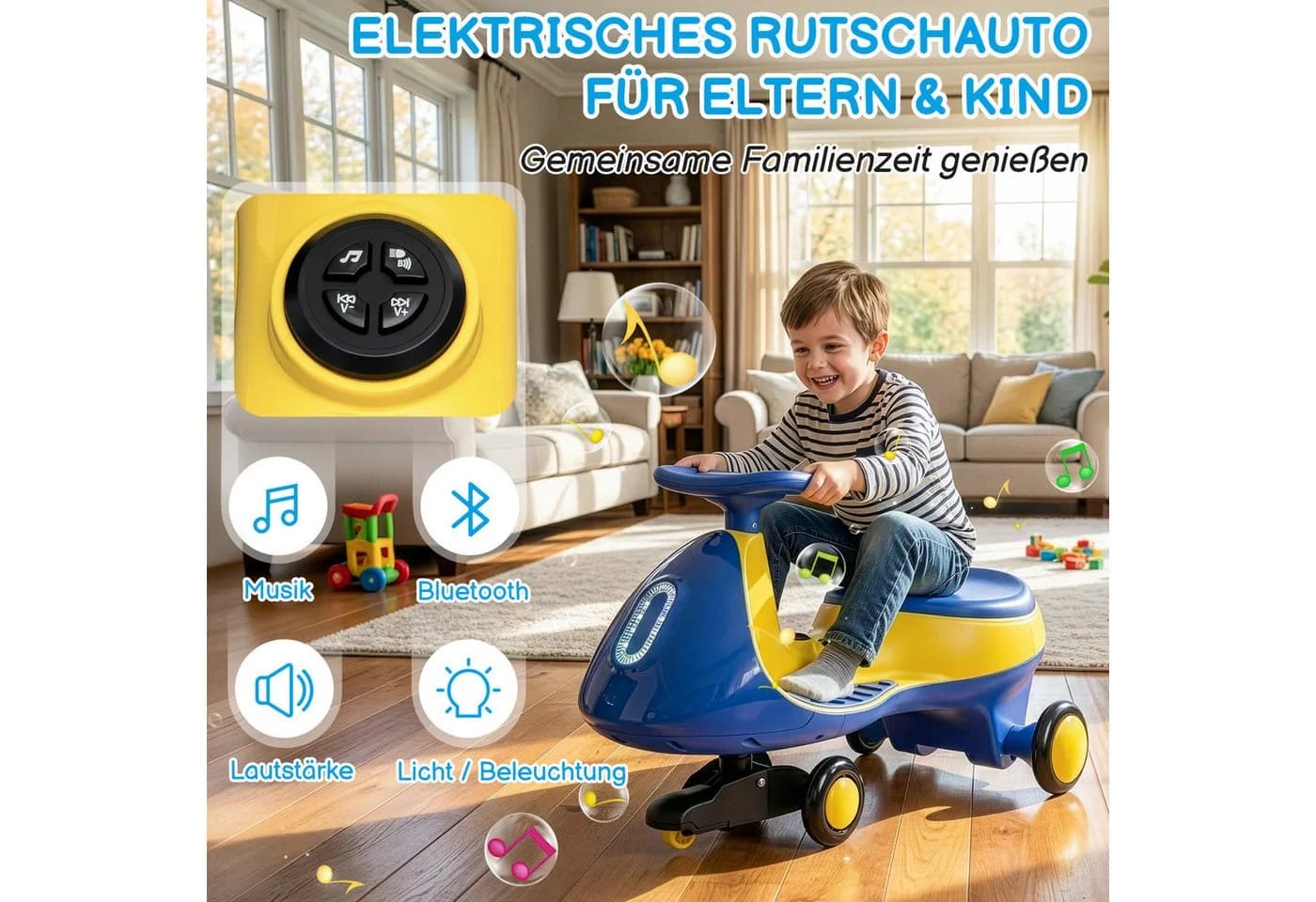 LALAHO Elektro-Kinderauto 12V mit Bluetooth, LED-Licht & Doppelantrieb
