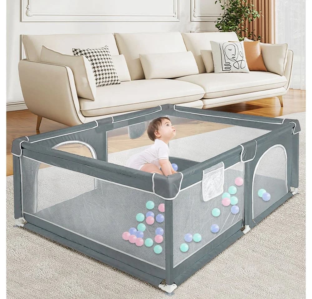 JEOBEST Laufgitter Baby Grau mit atmungsaktivem Netz und Tragetasche