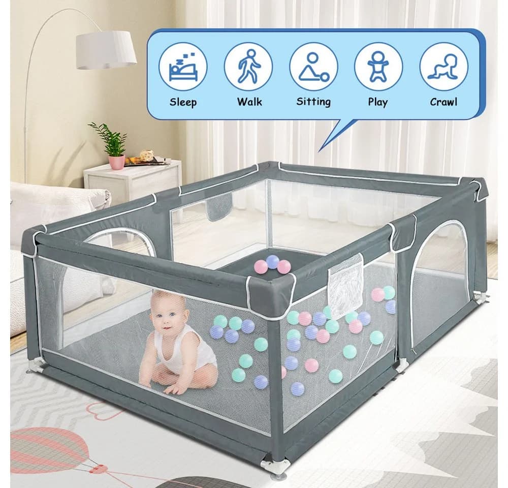 JEOBEST Laufgitter Baby Grau mit atmungsaktivem Netz und Tragetasche - Bild 5