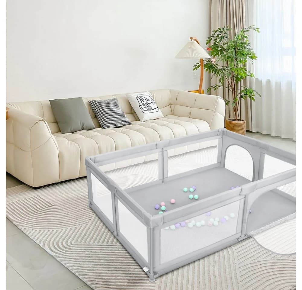 JEOBEST Laufgitter Laufstall Baby Grau XXL mit Netz - Bild 4