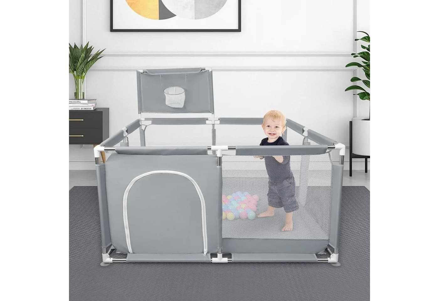 JEOBEST Laufstall Baby Grau mit Basketball-Netz und Ozeanbällen