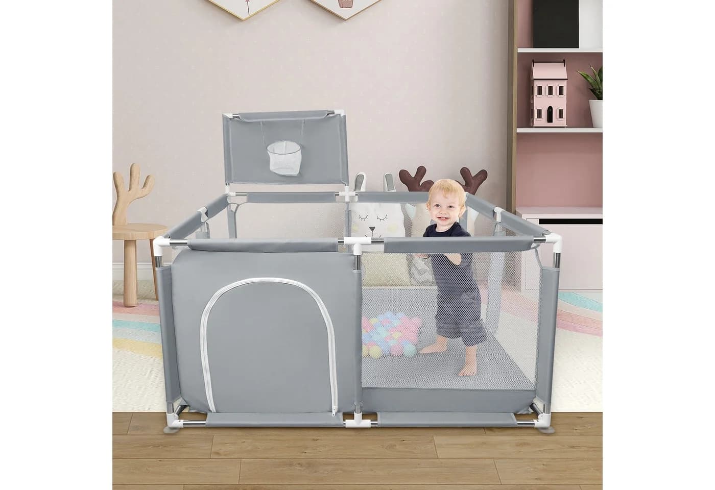 JEOBEST Laufstall Baby Grau mit Basketball-Netz und Ozeanbällen - Bild 3