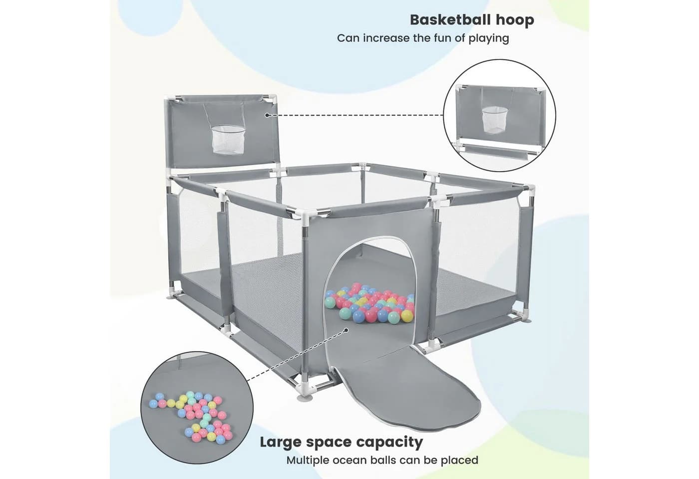 JEOBEST Laufstall Baby Grau mit Basketball-Netz und Ozeanbällen - Bild 5