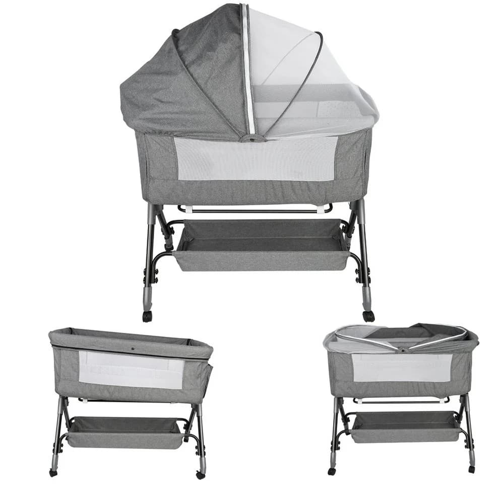 JEOBEST Beistellbett Baby Grau mit Matratze & Rädern - Bild 2