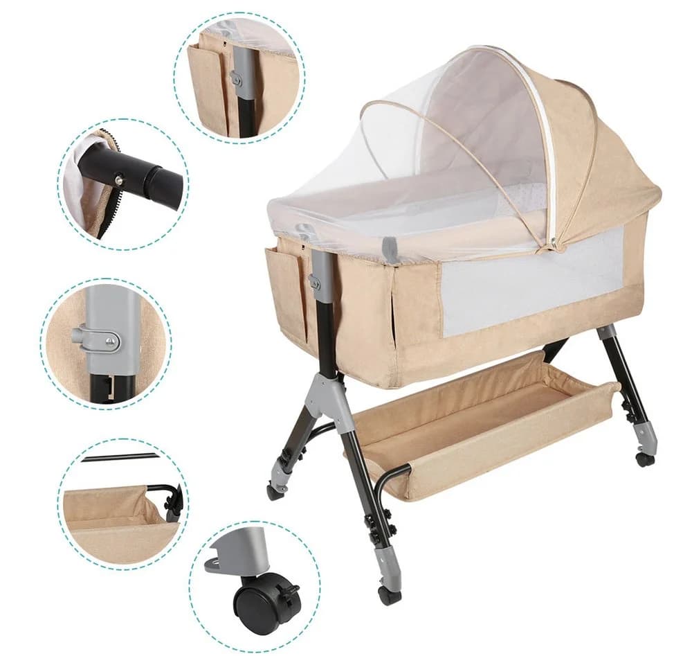 JEOBEST Beistellbett Baby Grab-and-go mit Matratze & Rädern, 4 Höhen, Gelb - Bild 2