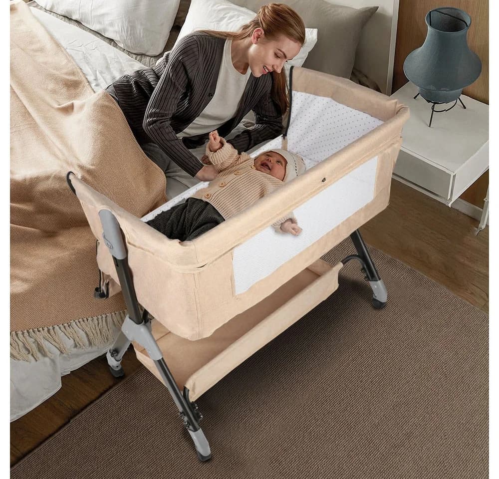 JEOBEST Beistellbett Baby Grab-and-go mit Matratze & Rädern, 4 Höhen, Gelb - Bild 3