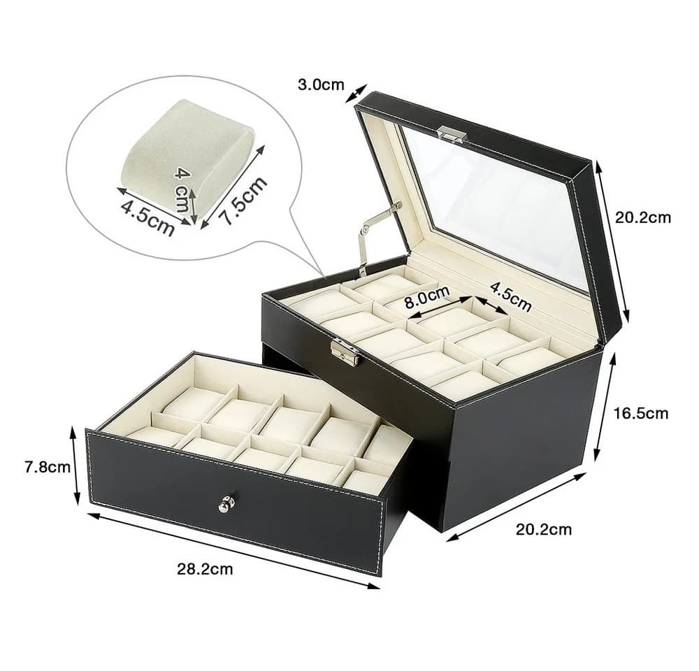 JEOBEST Geschenkbox Uhrenbox 20 Fächer Glasdeckel