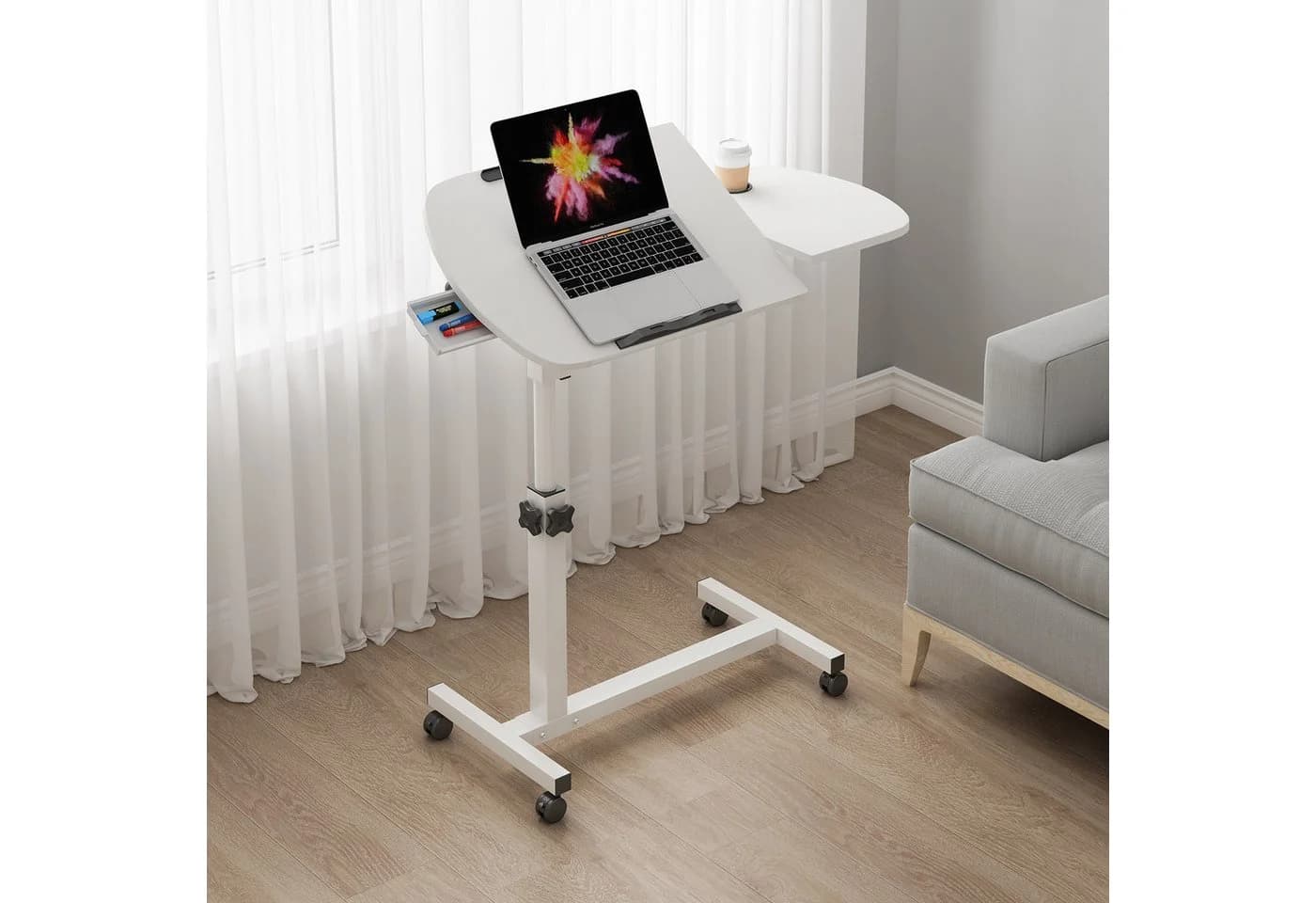 JEOBEST Computertisch Höhenverstellbar Weiß Rollen - Bild 3