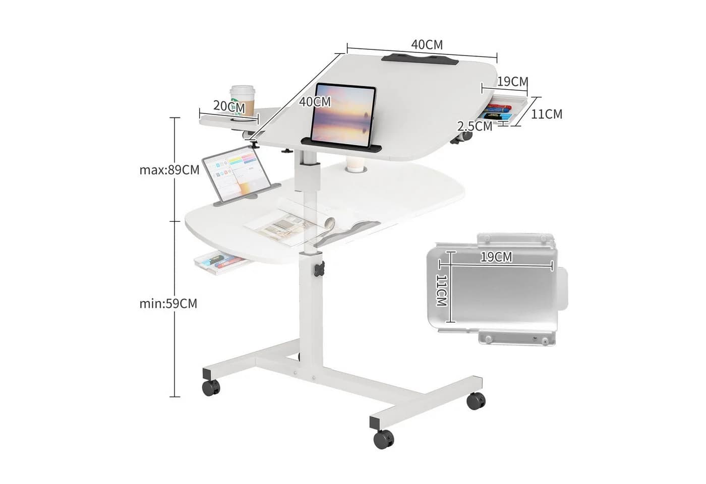 JEOBEST Computertisch Höhenverstellbar Weiß Rollen - Bild 4