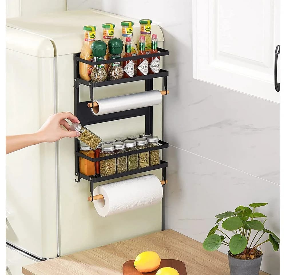 JEOBEST Küchenregal Gewürzregal Magnetisch Kühlschrank 2 Etagen mit Küchenrollenhalter und 4 Haken