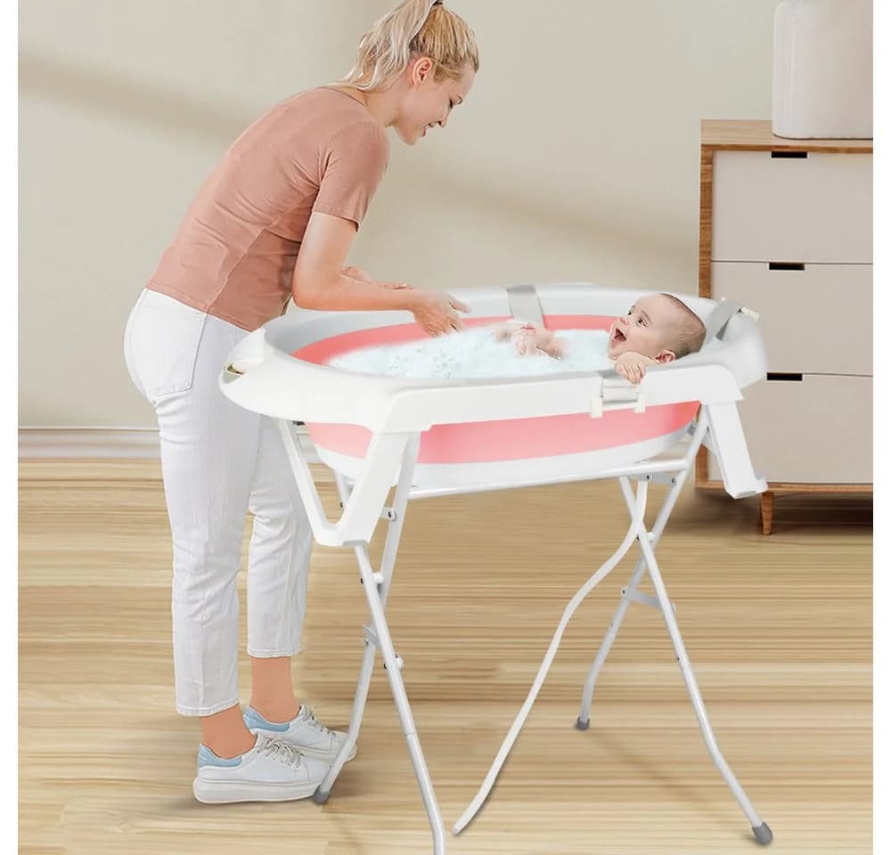 JEOBEST Babybadewanne mit Gestell Rosa Faltbar mit Badematte