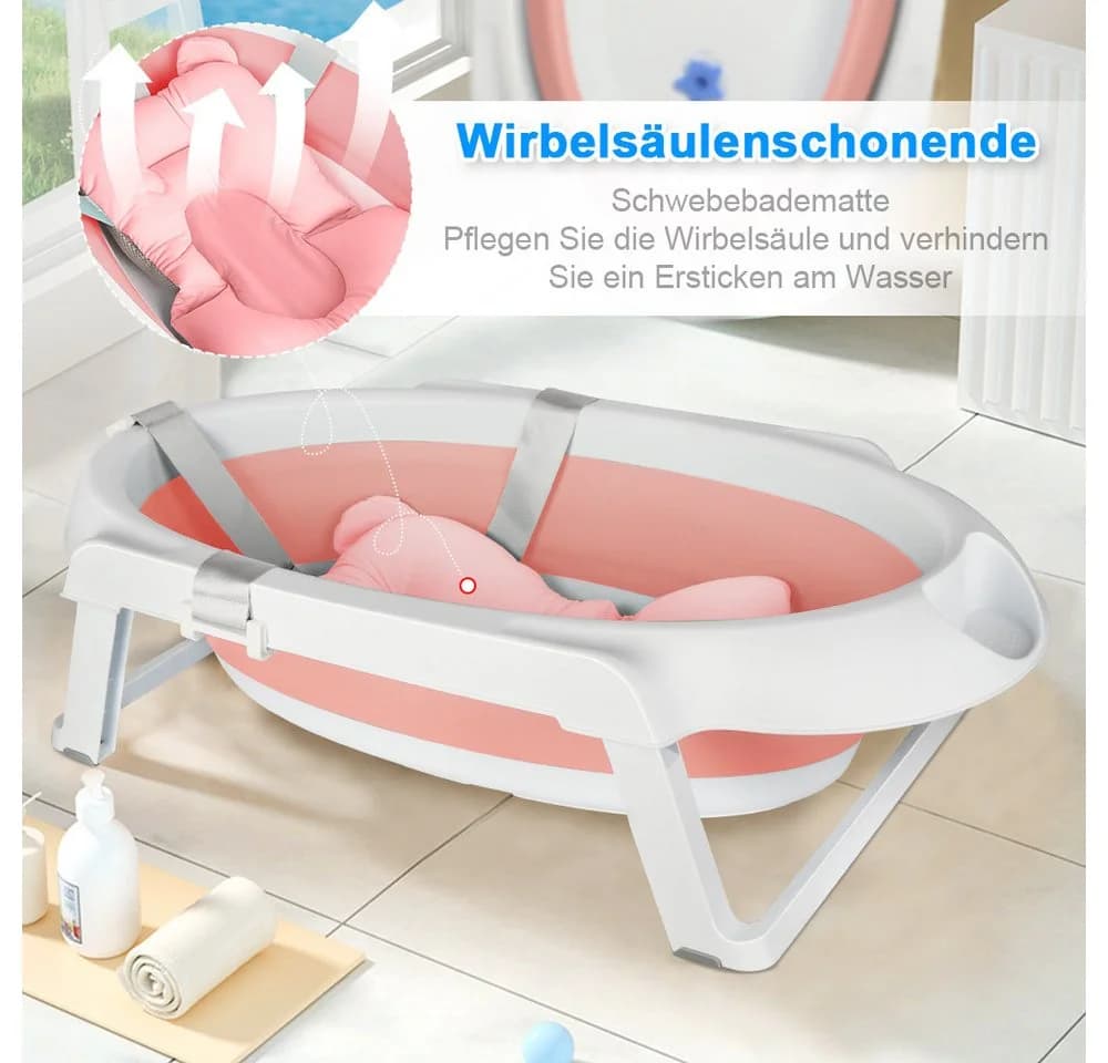JEOBEST Babybadewanne mit Gestell Rosa Faltbar mit Badematte - Bild 4