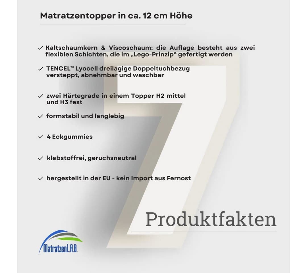 MatratzenL.A.B® Topper TENCEL™ Lyocell Premium Bezug H2 mittel & H3 fest, 10 cm hoch, Viscoschaum und Kaltschaum, klebstofffrei