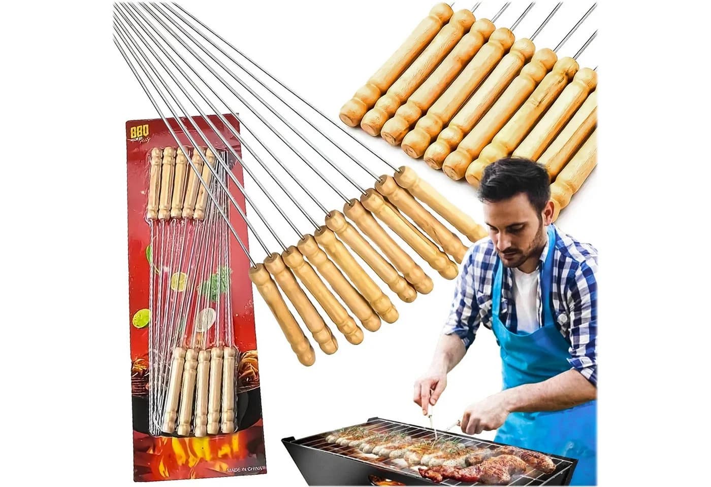 Realb2b Grillspieß-Set 10-tlg. Edelstahl mit Holzgriff 30 cm - Bild 2