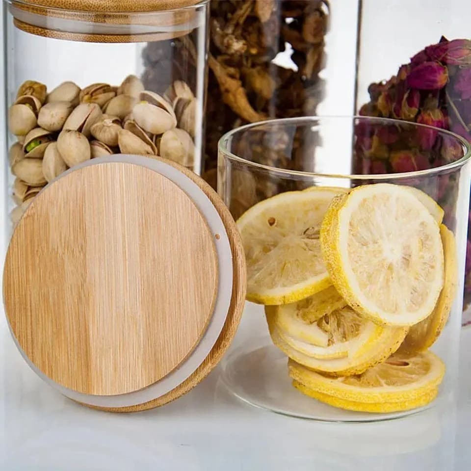 Simloveve Vorratsglas Set 5-tlg. transparent mit Bambusdeckel - Bild 3