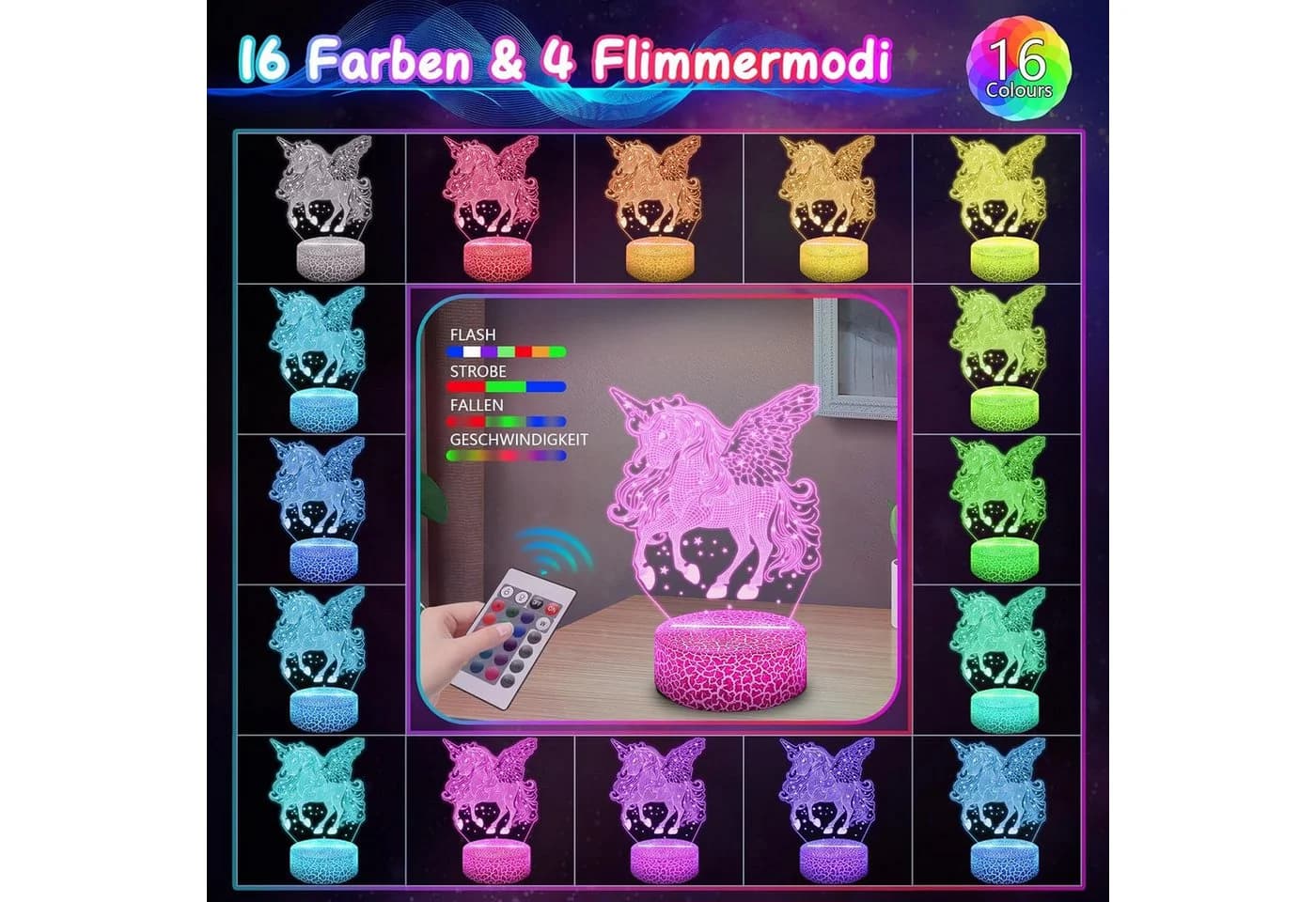 LA CUTE LED Nachtlicht Einhorn 3D-Effekt mit Fernbedienung & 16 Farben - Bild 3