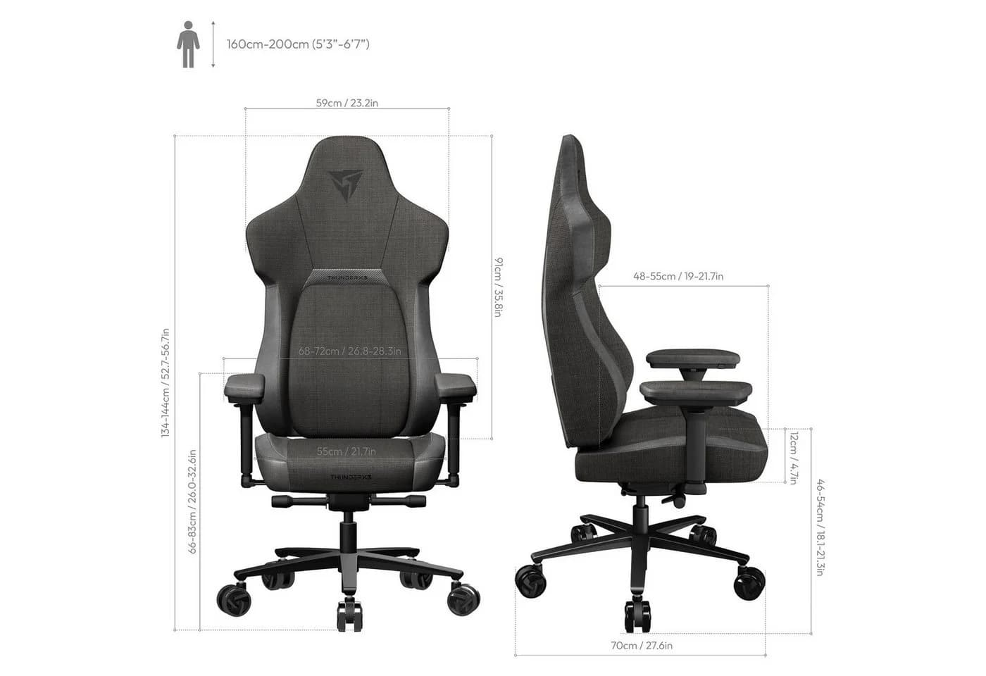 ThunderX3 Gaming-Stuhl CORE Loft Ergonomischer Gaming Stuhl Dunkelgrau