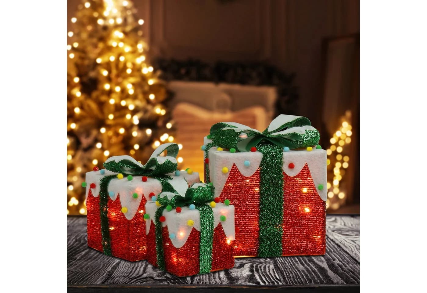 LALAHO LED Geschenkbox 3er Set Rot Weihnachtsdeko