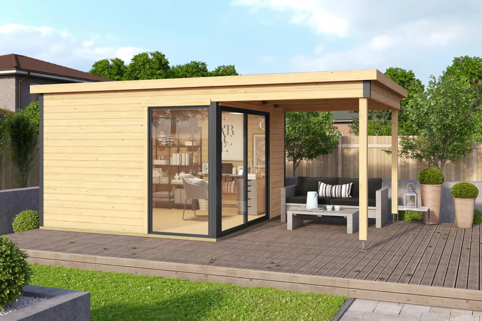 Modernes Gartenhaus aus Holzwerkstoff in Anthrazit und Beige