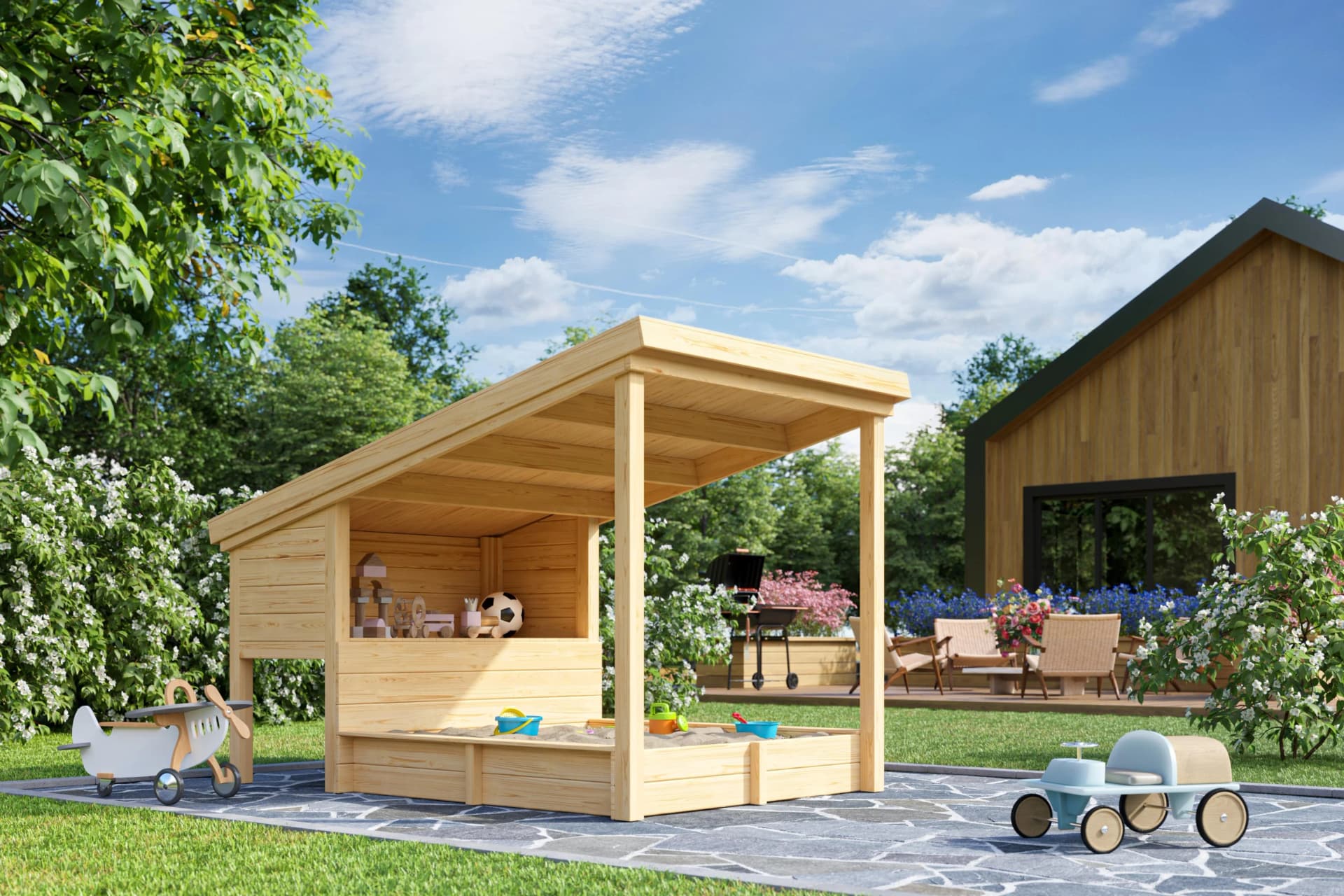 Nordic Holz Sandkasten Pippi 1 mit Überdachung Natur