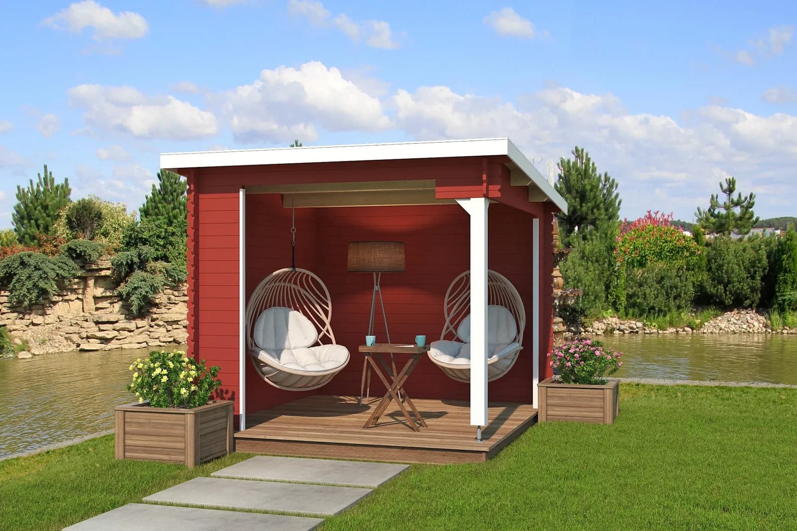 Gartenhaus aus Holzwerkstoff und Fichte in Schwedenrot