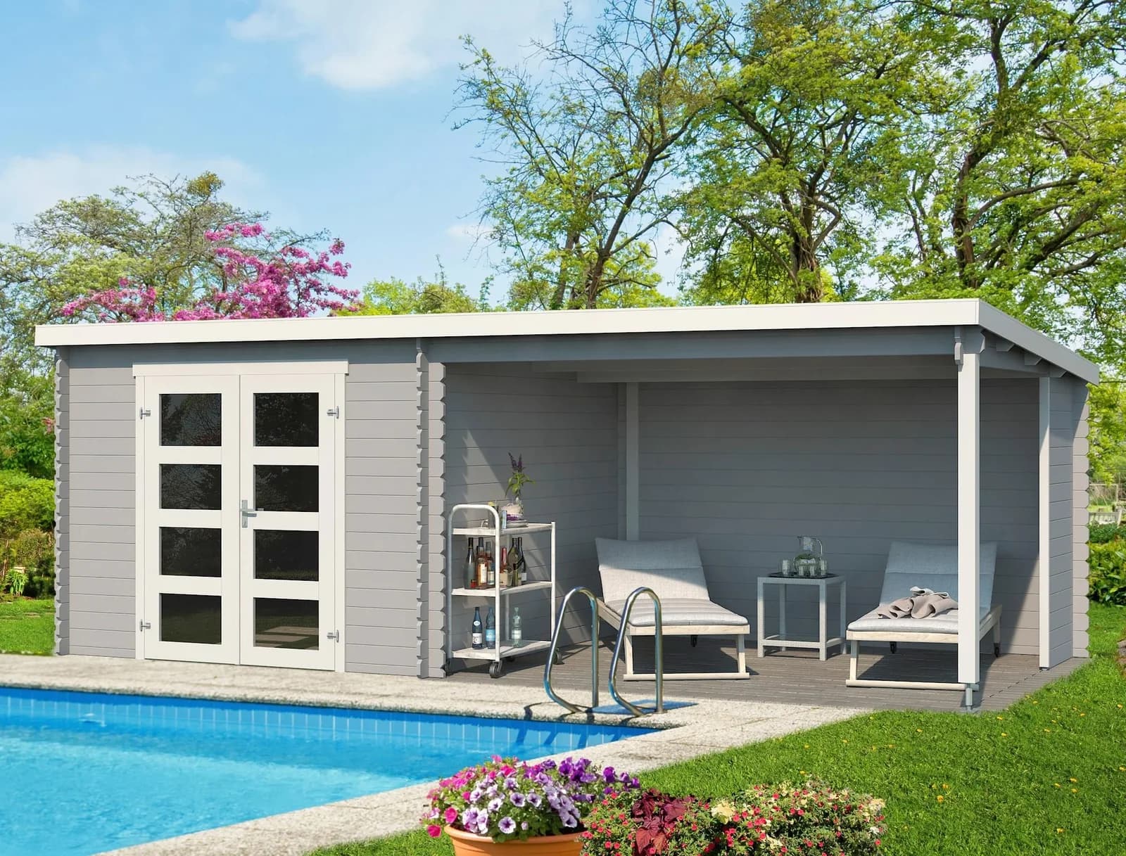 Modernes Gartenhaus mit Pultdach und Doppelflügeltür