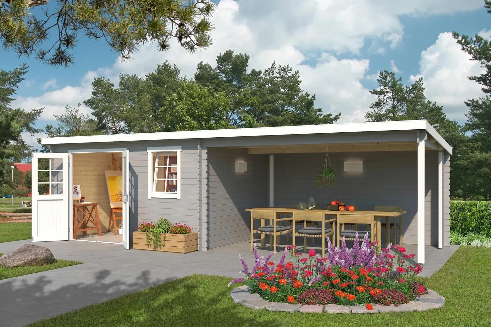 Lasita Maja Reno Gartenhaus 28mm Blockbohlenhaus Pultdach