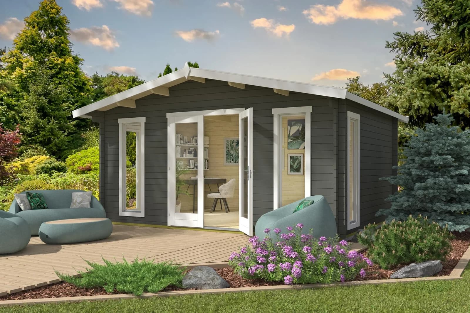 Gartenhaus NORDIC HOLZ ELGIN 44 SET Grüngrau Massivholz