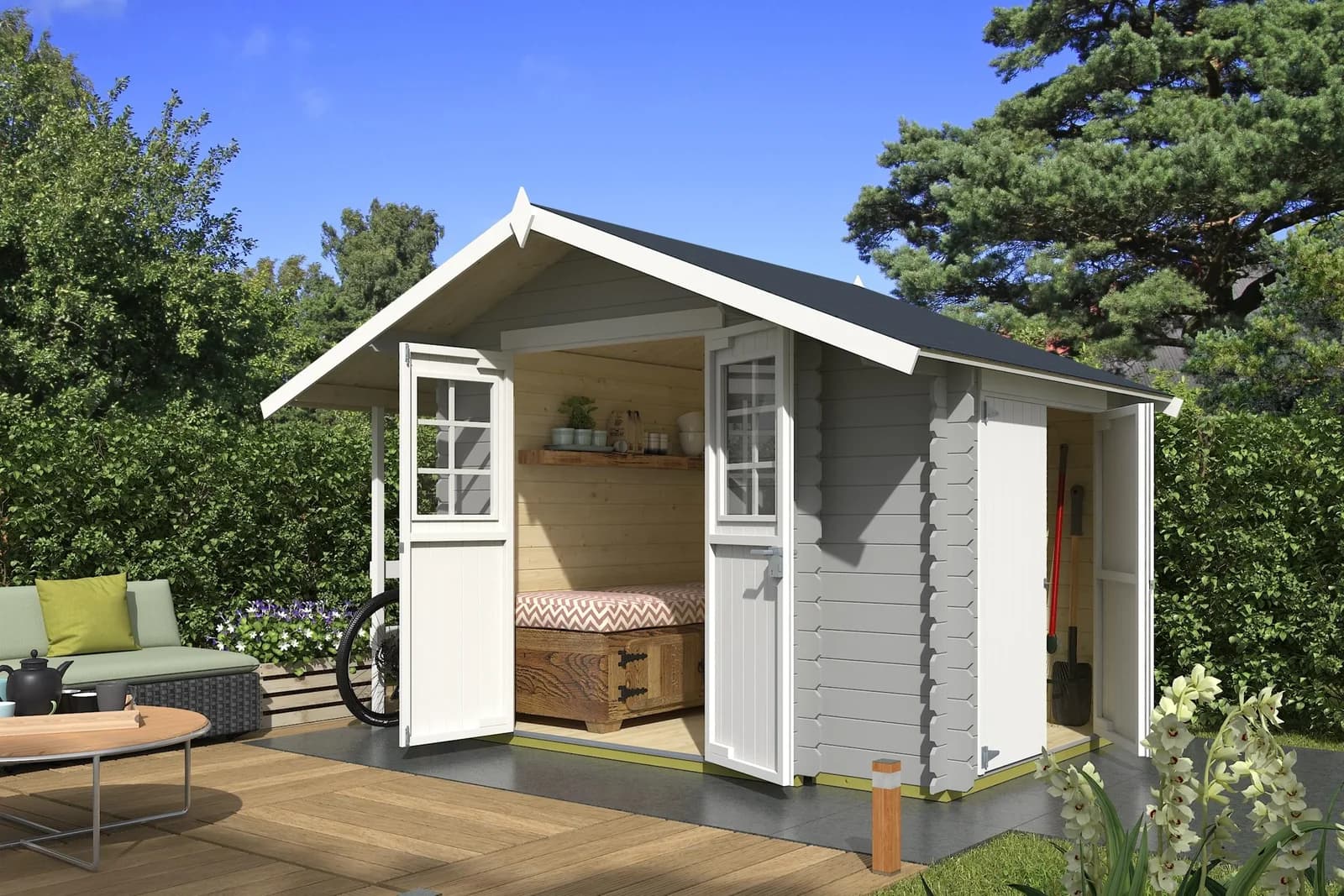 Gartenhaus Vilano 1 von Nordic Holz Lichtgrau Massivholz
