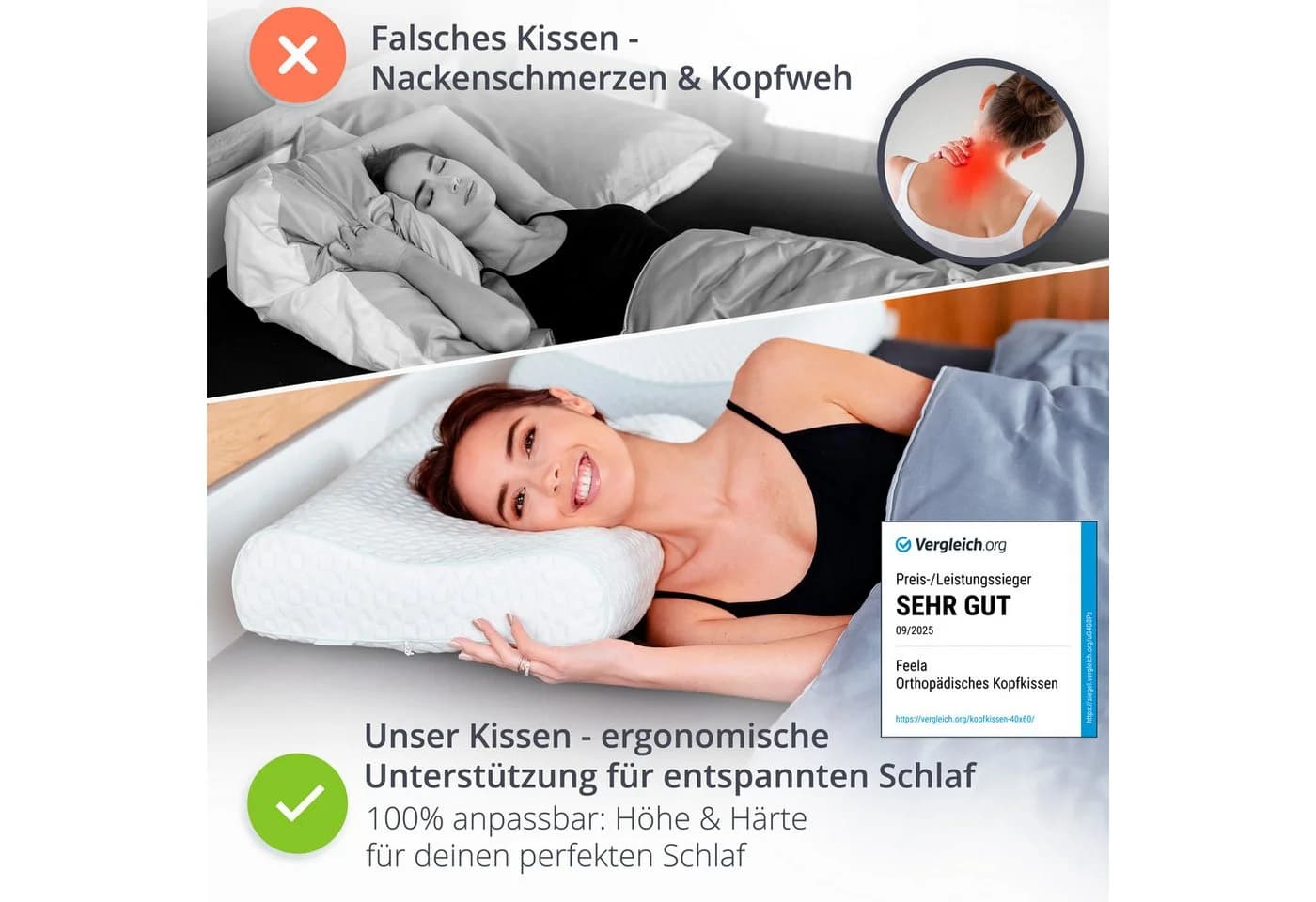 feela Nackenstützkissen Orthopädisches Kopfkissen Weiß Memory-Schaum