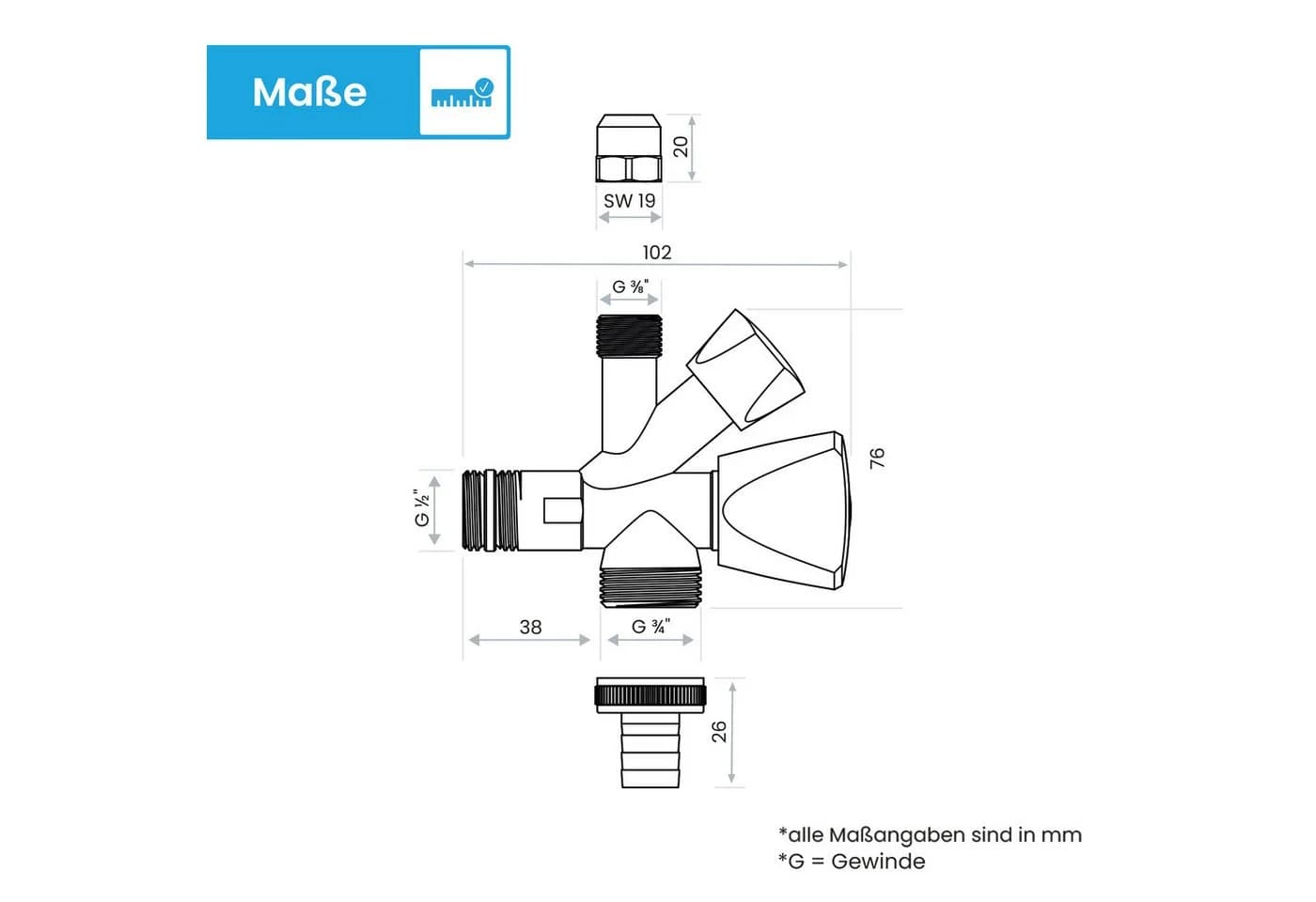 Bächlein Geräteventil Kombi-Eckventil 3 Wege Auslaufventil Chrom - Bild 5
