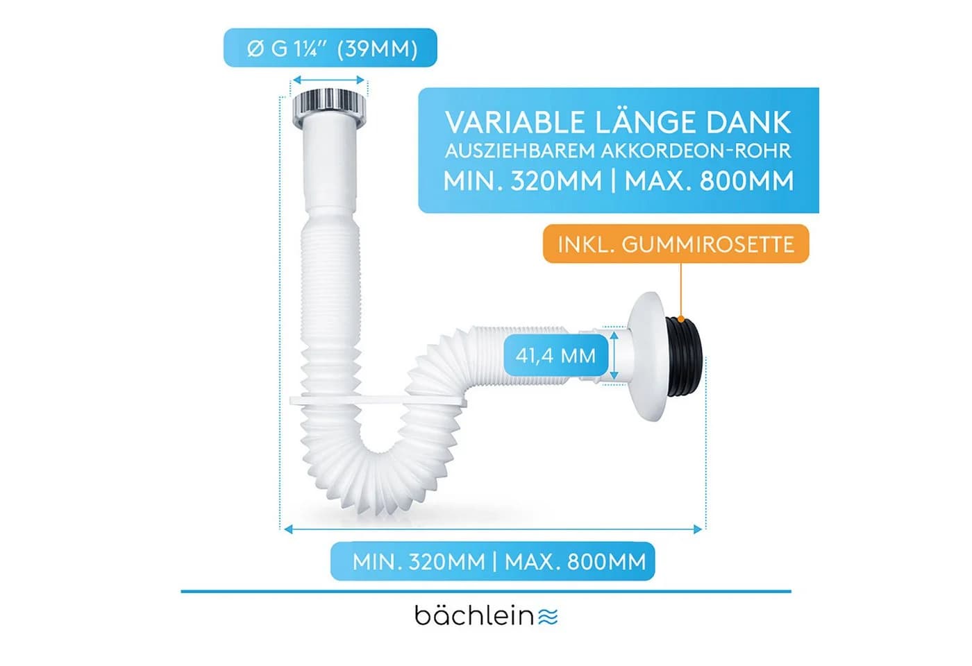 Bächlein Flexibler Ablaufschlauch für Bad, ausziehbar 320-800mm mit Clip