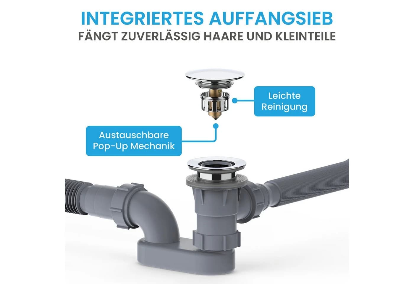 Bächlein Ablaufgarnitur Badewanne Pop-Up mit Haarsieb & Siphon - Bild 3