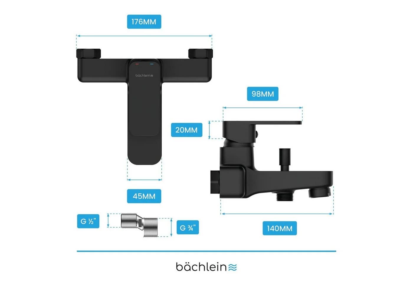 Bächlein Badewannenarmatur Junias Mischbatterie Chrom oder Schwarz - Bild 5