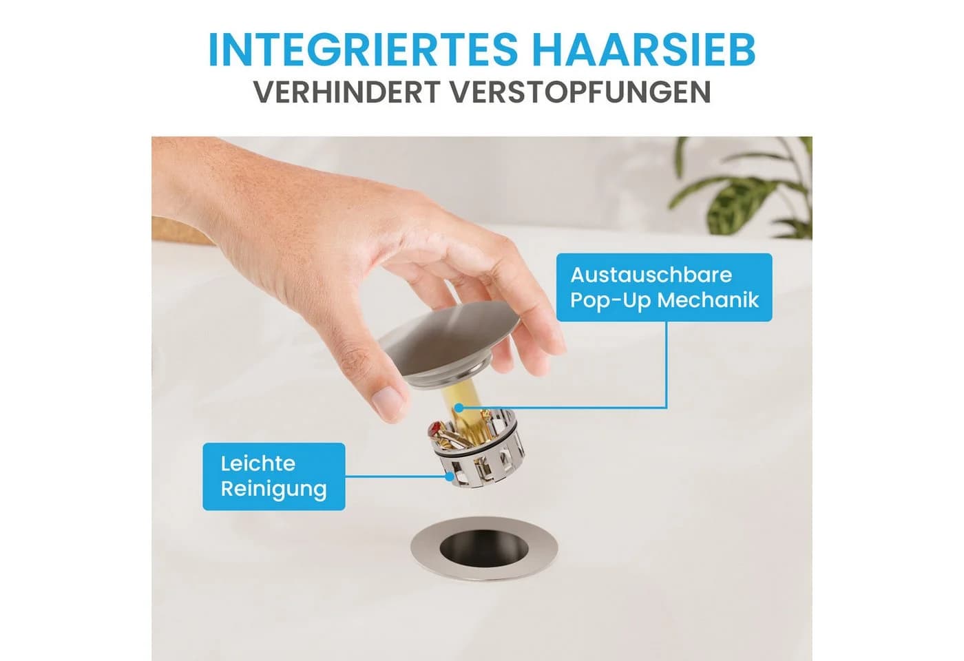 Bächlein Ablaufgarnitur Pop Up mit Überlauf - Werkzeugloser Einbau - Bild 3