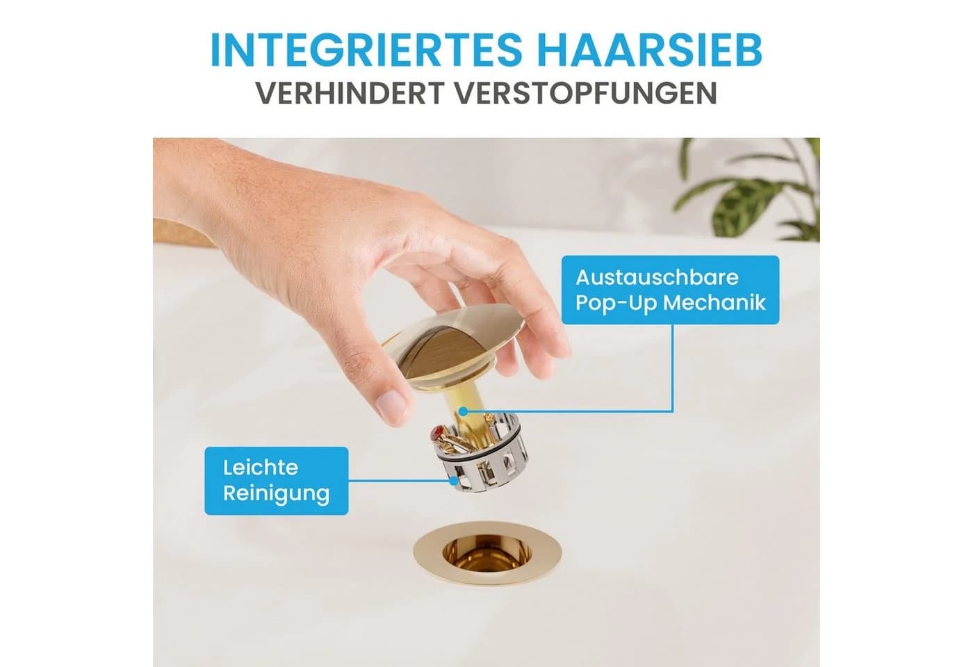 Bächlein Ablaufgarnitur Pop Up Gold Werkzeugloser Einbau - Bild 3