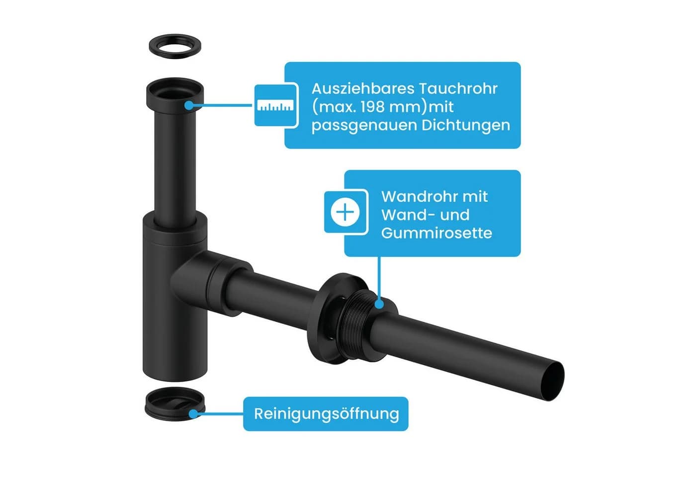 Bächlein Siphon Eleganter Waschbeckenablauf Matt Schwarz - Bild 3