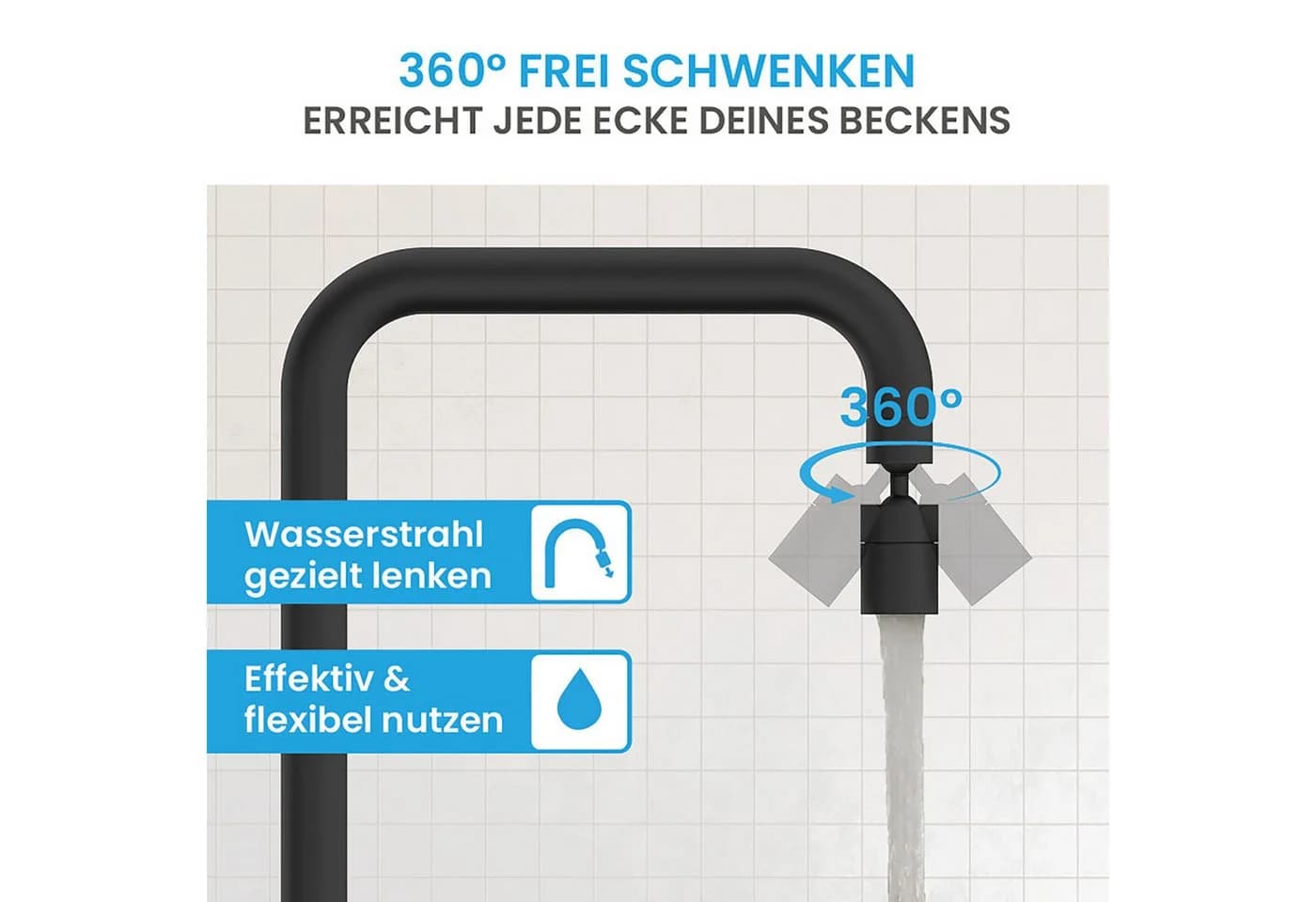 Bächlein Küchenarmatur Aufsatz Schwarz-matt 360° Schwenkbar 2 Strahlarten - Bild 5